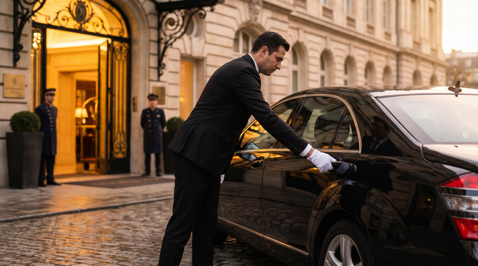Chauffeur opening luxury sedan door at European hotel entrance