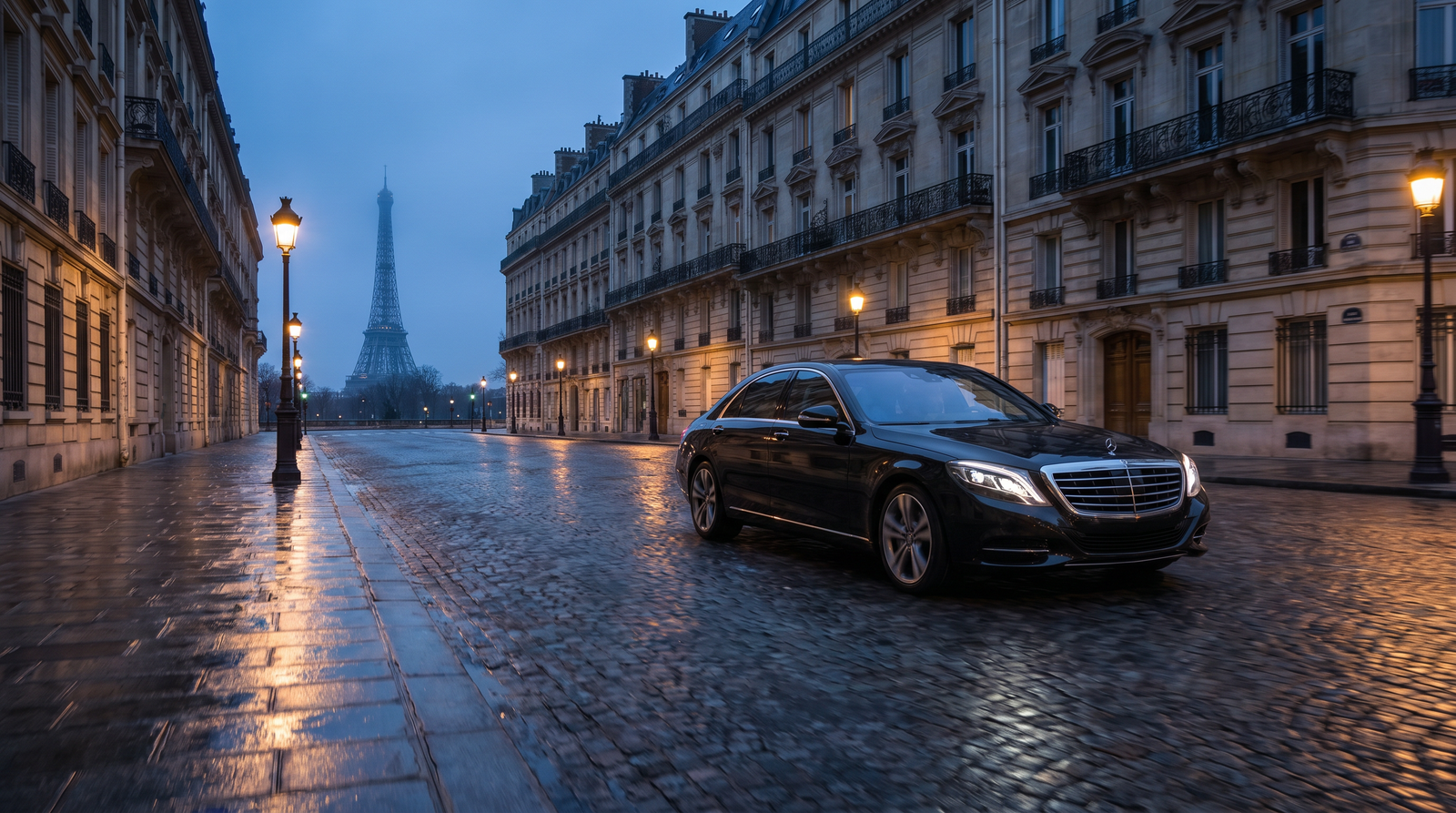 Luxury chauffeur car in European cityscape
